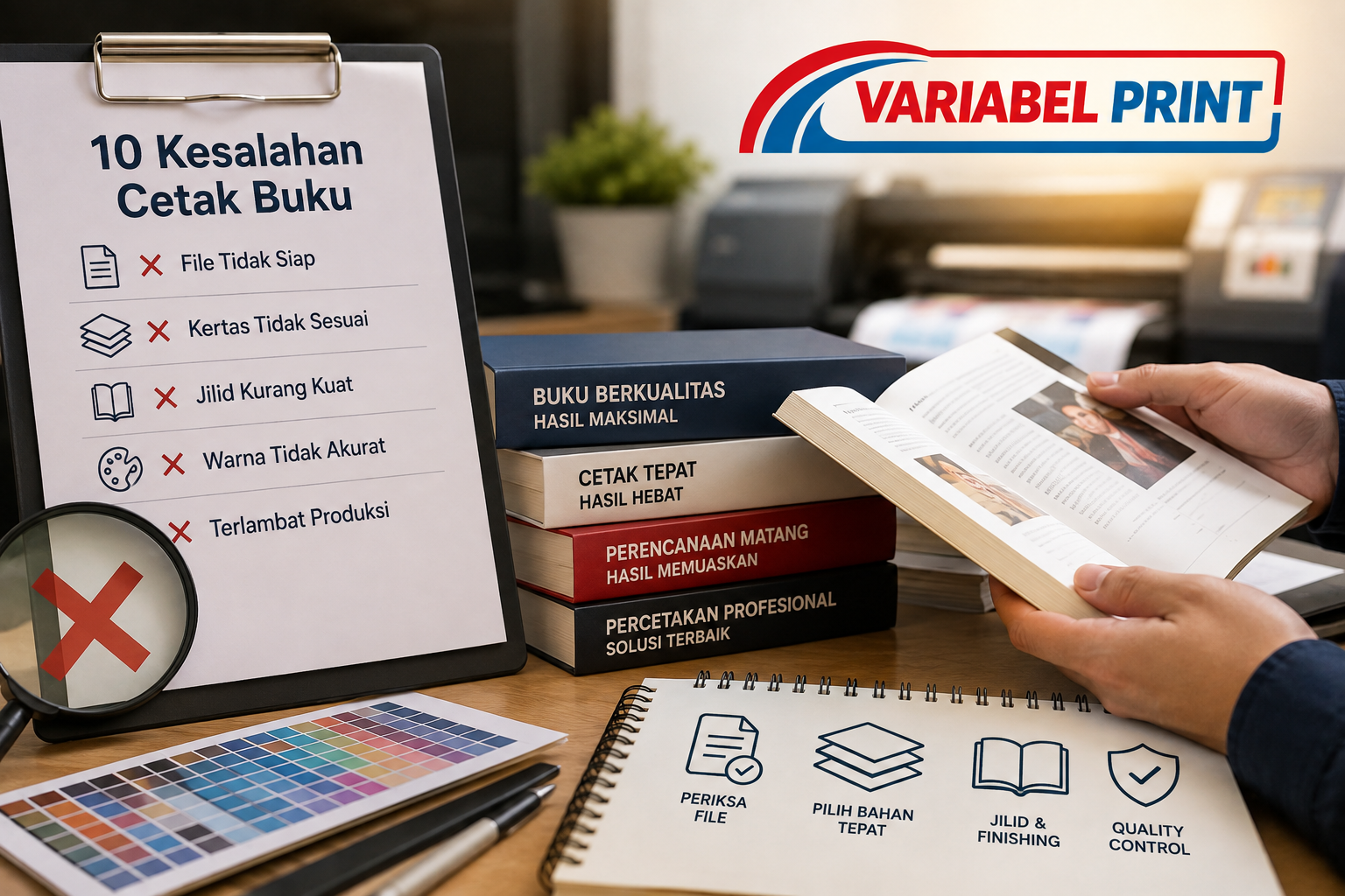 Ilustrasi 10 Kesalahan Cetak Buku yang harus dihindari sebelum menggunakan Jasa Cetak Buku di Variabel Print Online.