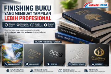 Finishing Buku profesional dengan laminasi glossy, laminasi doff, Spot UV, emboss deboss, dan hot print untuk hasil cetak buku premium