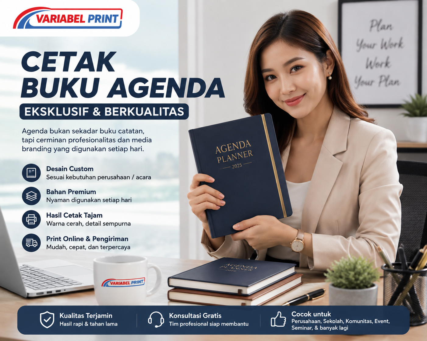 Jasa Cetak Buku Agenda dan planner eksklusif dengan wanita kantoran memegang agenda custom dari Variabel Print
