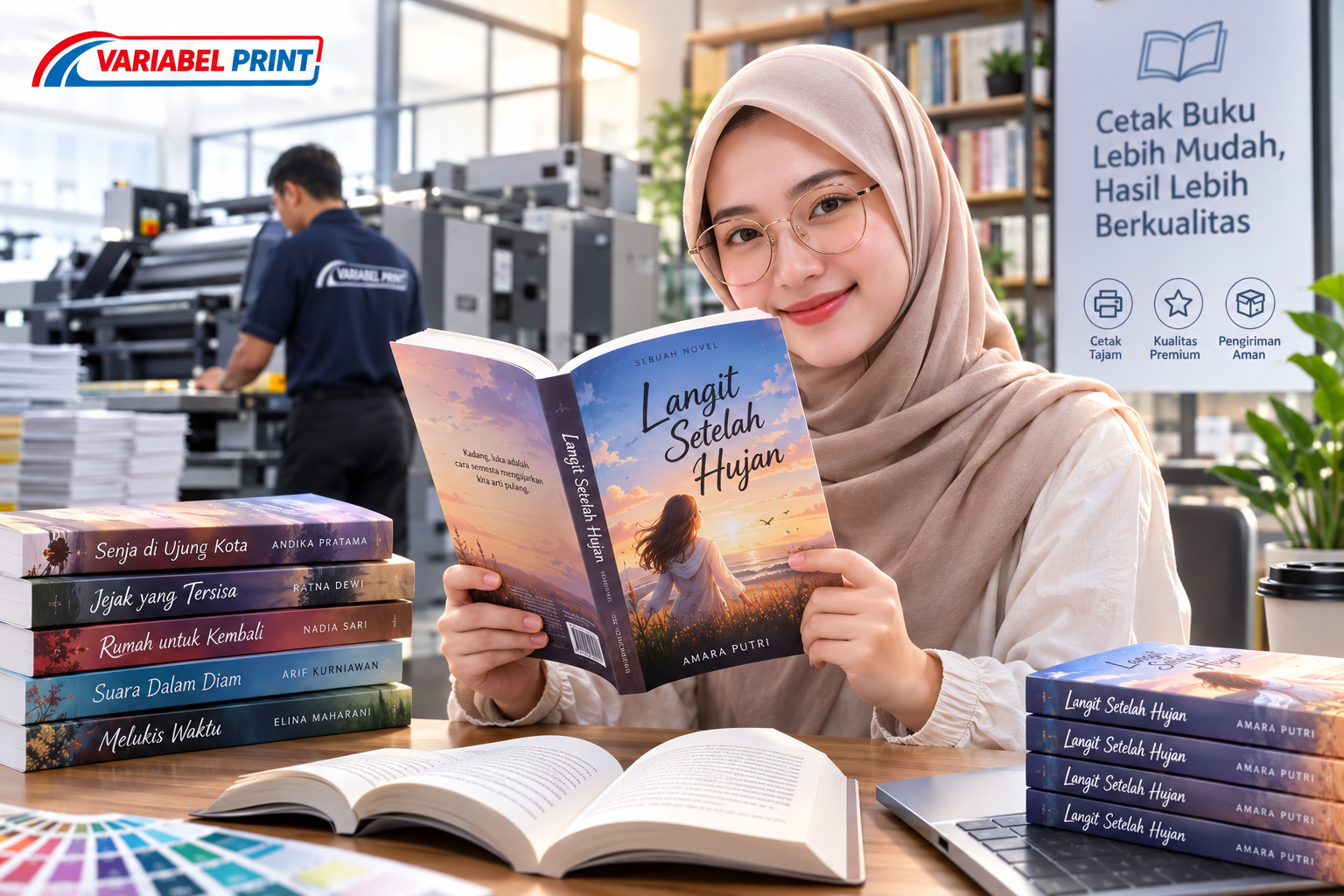 Jasa Percetakan Buku novel dengan hasil premium, cetak tajam, kertas nyaman, dan jilid rapi.