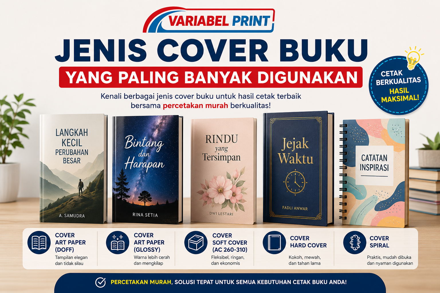 Jenis cover buku yang paling banyak digunakan, seperti soft cover, hard cover, art paper, dan cover spiral.