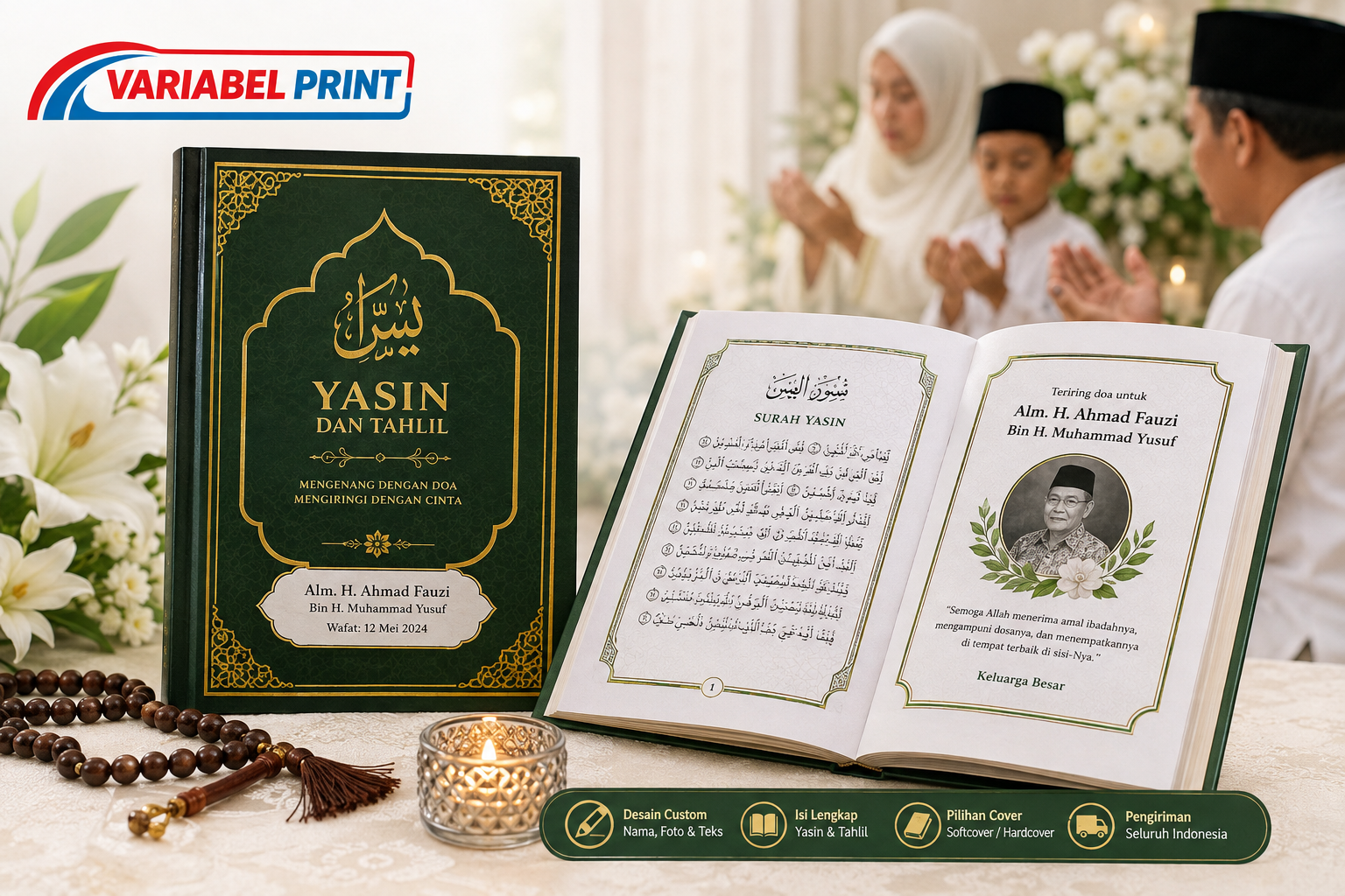 Percetakan Buku Yasin custom dengan desain nama dan foto untuk berbagai acara keluarga