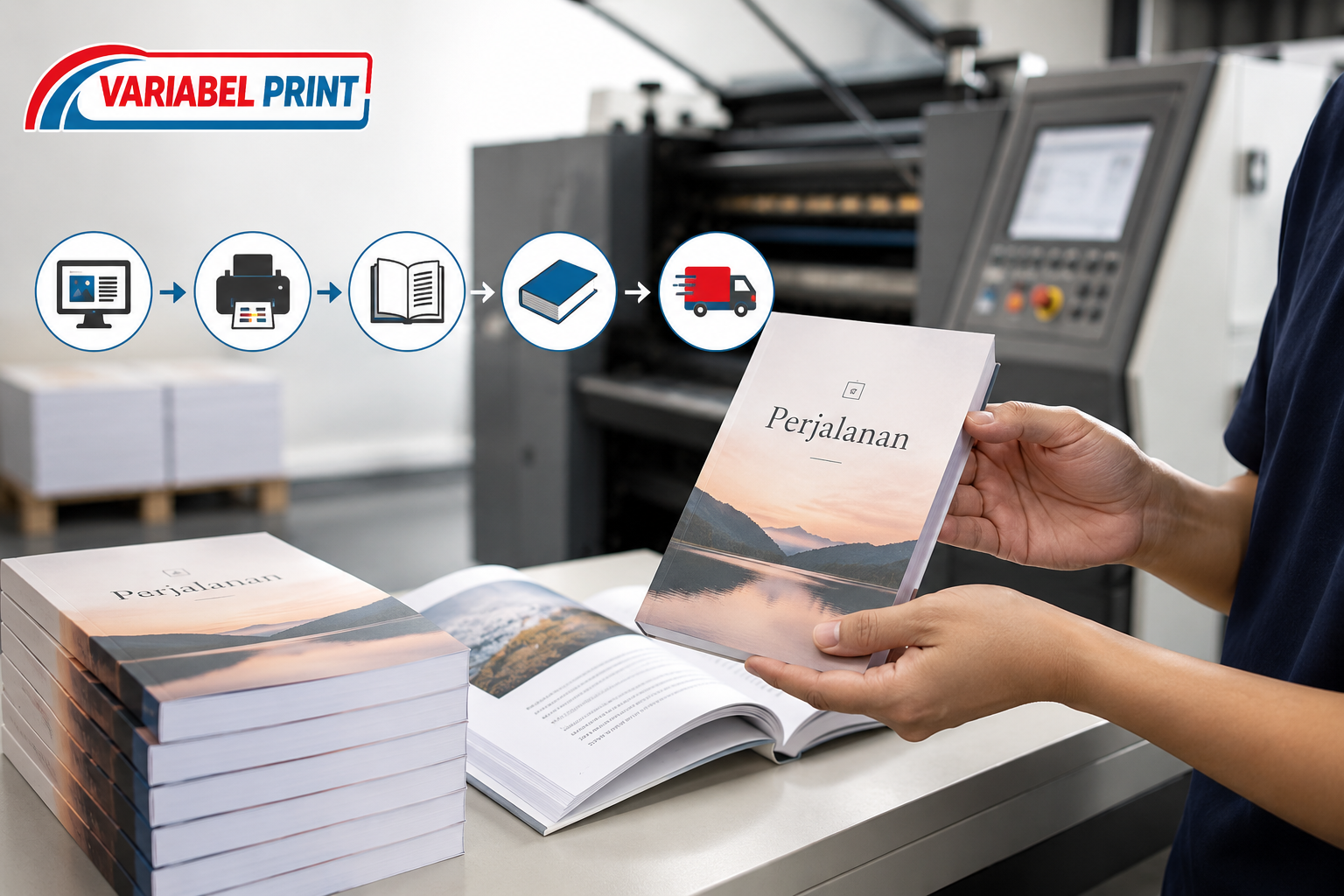 Proses percetakan buku dari desain, pencetakan, penjilidan, hingga siap dikirim