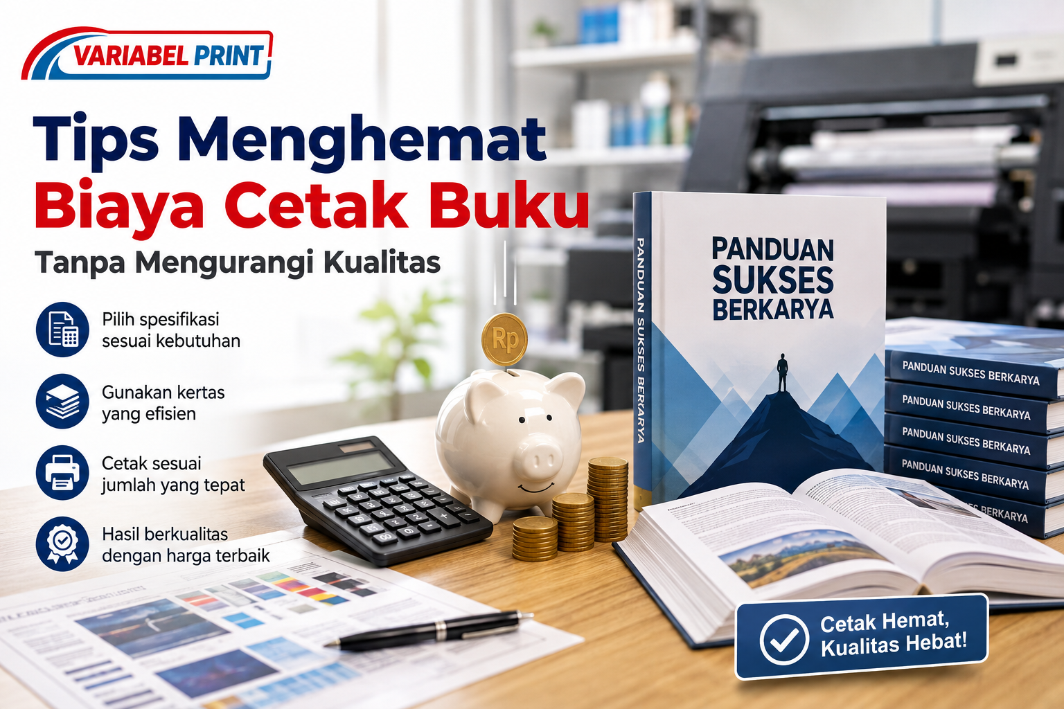 Tips menghemat biaya cetak buku tanpa mengurangi kualitas dengan memilih spesifikasi, kertas, dan jumlah cetak yang tepat