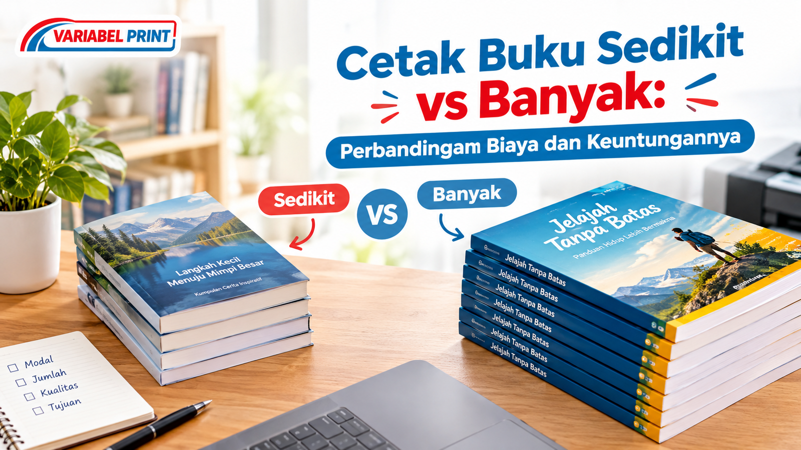 Cetak buku sedikit vs banyak untuk membandingkan biaya dan keuntungan cetak buku